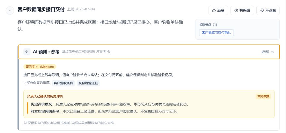 客户数据同步接口交付的完整审阅区域,包含人工判定、关联节点、AI 预判与历史评价依据